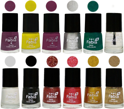 

Fabia Premium Collection 12 Piece Color Nail Polish Shades Brinjal Purple-Yellow-Light purple-Silver-Green-Top Coat-White-Black-Jerry Wine-Jerry Pink-Jerry Golden-Light Golden(Pack of 12)