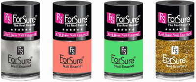 

forsure HD color long lasting matte nail polish (set of 4) unique shades silver, peach, neon green, glitter golden(Pack of 4)