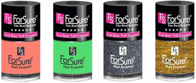 

forsure HD color long lasting matte nail polish (set of 4) unique shades peach, neon green, glitter dazzling, glitter golden(Pack of 4)