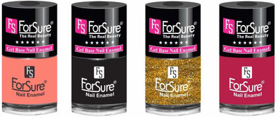 

forsure HD color long lasting matte nail polish (set of 4) unique shades peach, black, glitter golden, mania pink(Pack of 4)