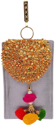 

Bagaholics Ethnic Raw Silk Saree Clutch Flower Brooch and Multicolor Pom Pom Mobile Pouch Waist Clip Ladies Purse Gift For Women Pouch(Grey)