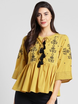 PLUSS Casual 3/4 Sleeve Embroidered Women Yellow Top