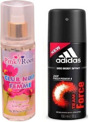 

Pink Root Club Nuit Femme Fragrance body Spray 200ml, Adidas Team Force Deo Body Spray for Men 150ml(Set of 2)