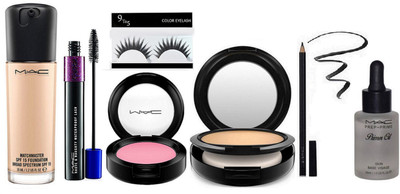 

9 to 5 Eyelashes, Matchmaster SPF 15 Fond De Teint Foundation, Studio Fix Compact , Pencil kajal With haute Naughty Lash Mascara Double Effect , Prep+Prime Primer Oil with Pink Blusher(Set of 7)