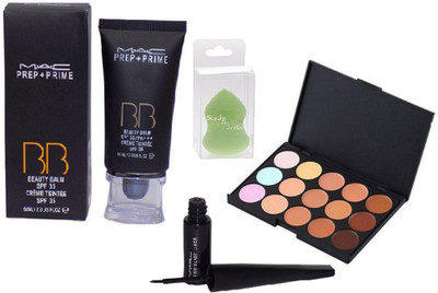 

Studio Fix Combo Sponge Blender Puff& MAC 15 Shades Concealer Palette&Liquid Last Eyeliner&Prep+Prime BB Baauty Balm SPF35(Set of 4)