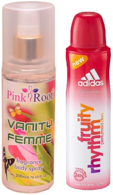 

Pink Root Vanity Femme Fragrance body Spray 200ml, Adidas Fruity Rhythm Perfumed Deo Body Spray for Women 150ml(Set of 2)