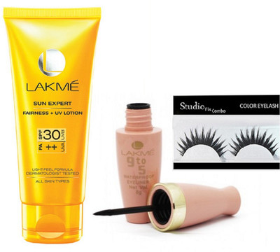 

Studio Fix Combo Eyelashesk& 9 To 5 waterproof Liquid Eyeliner Black, Sun Expert Sunscreen Lotion SPF 30 PA+(Set of 3)