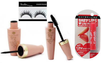 

Studio Fix Combo Eyelashes&9 To 5 Waterproof Eyeliner ,Mascara & New York baby lipbalm Cherry Kiss(Set of 4)