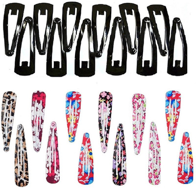

FOK Set of 24 Pcs of 4 cm (6 Pairs of Black and 6 Pairs of Printed ) Premium Metal Triangular Tik Tak Hair Clips for Girls and Women Hair Clip(Black, Multicolor)