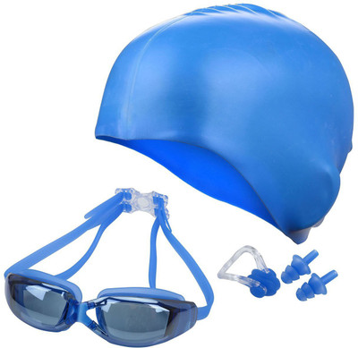 QUINERGYS ™ Moderate Blue - Swimming Goggles+ Nose Clip+ Silicone Swim Cap+Ear Plugs,Swim Goggles Anti Fog UV Protection for Adult Men Women Youth Kids Child Swimming Kit