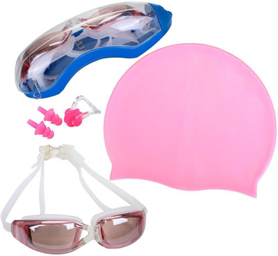 

QUINERGYS ™ Baby Pink - Swim Cap + Swimming Goggles + Earplugs + Nose Clip, Professional Swim Training Kit Set for Men Women Youth Swimming Kit