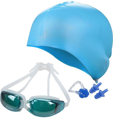 

QUINERGYS ™ Lake Blue - Swimming Goggles+ Nose Clip+ Silicone Swim Cap+Ear Plugs,Swim Goggles Anti Fog UV Protection for Adult Men Women Youth Kids Child Swimming Kit