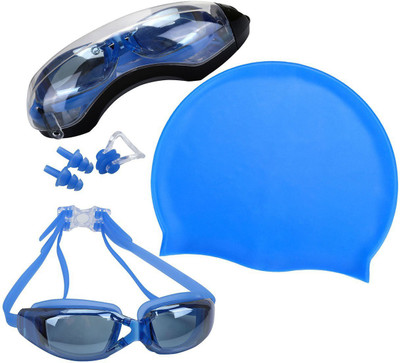 

QUINERGYS ™ Royal Blue - Swim Cap + Swimming Goggles + Earplugs + Nose Clip, Professional Swim Training Kit Set for Men Women Youth Swimming Kit