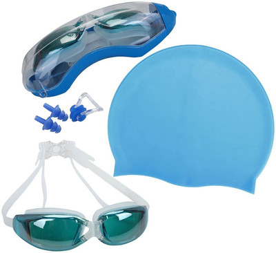 

QUINERGYS ® Aqua Blue - Swim Cap + Swimming Goggles + Earplugs + Nose Clip, Professional Swim Training Kit Set for Men Women Youth Swimming Kit