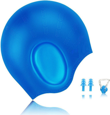 

QUINERGYS Hot Blue - Waterproof Silicone Swimming Cap For Long Hair Keeps Hair with 3D Ergonomic Design Ear Pockets for Adult Woman and Men with Nose Clip & Ear Plugs Swimming Kit