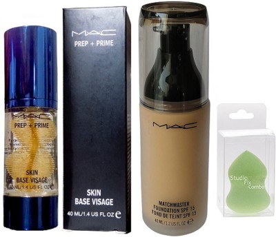 

Studio Fix Combo Sponge puff & Mac matchmaster spf 15 foundation & Prep + Prime Skin Base Visage Primer(Set of 3)