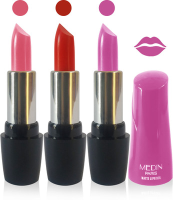 

Medin paris ultra hd elegant colors matte lipstick cosmetics makeup 007 series set of 3 color(pink brown red l purple, 15 g)