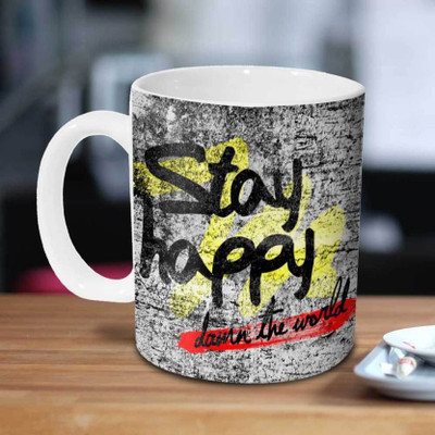 VAMSUM STAY HAPPY...DAMN THE WORLD Ceramic Mug(350 ml), Multicolor