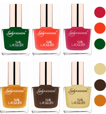 

Lady Fashion 60 Seconds Super Shine Nail Polish (Set of 6) Dark Green,Orange Silk,Abricoat Rose,Golden,Mettalic Brown,Mettalic Gold(Pack of 6)