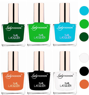 

Lady Fashion 60 Seconds Super Shine Nail Polish (Set of 6) Dark Green,Light Green,Sky Blue,Nude,Black,White(Pack of 6)
