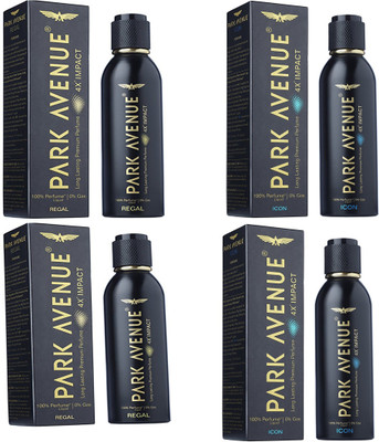 

Park Avenue ICON LONG LASTING PREMIUM PERFUME 120 ML+ REGAL LONG LASTING PREMIUM PERFUME 120 ML Deodorant Spray - For Men & Women(120 ml, Pack of 4)