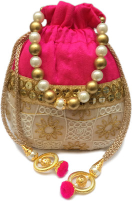 

Shubh Shagun Women Girls Ethnic Designer Net Slik Wedding Parytwer Festive Potli(Pink, White)