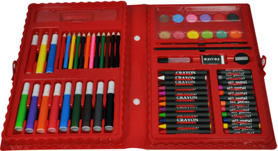 

EZ Life 68 Pcs Art Party Kit - Red -12 Sketch Pens, 12 Color Pencil, 12 Oil Pastels, 12 Wax Crayons, 12 Paints, 1 Paint Brush, 1 Palette, 1 Pencil, 1 Eraser, 1 Sharpner, 1 Ruler, 1 Glue & 1 Box