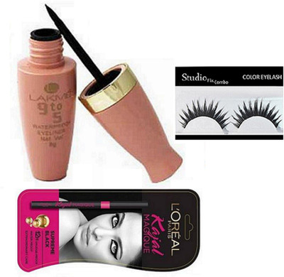 

Studio Fix Combo Eyelashes& 9 To 5 Waterproof Eyeliner Magique Bold & Supreme Black Kajal(Set of 3)