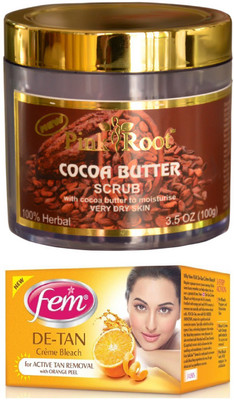

Pink Root Cocoa Butter Scrub 100gm and FEM De-Tan Crème Bleach 30g(Set of 2)