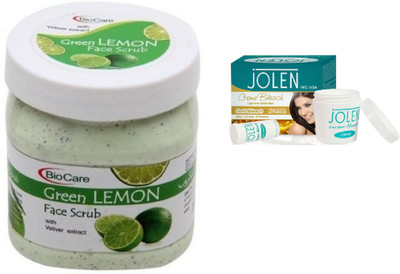 Biocare Green Lemon Face Scrub 500ml and Jolen Gold Bleach Crème 18g(Set of 2)