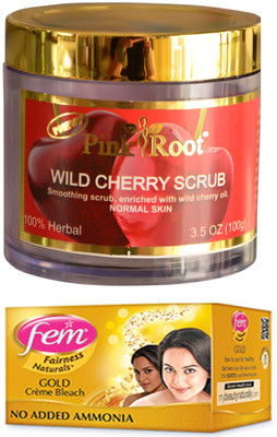 Pink Root Wild Cherry Scrub 100gm and FEM Gold Crème Bleach 30g(Set of 2)