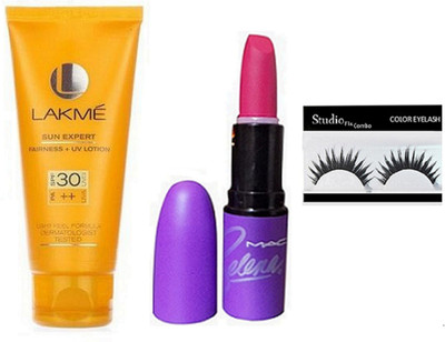 

Studio Fix Combo Eyelashes&Lakme Sun Expert SPF30 UV Lotion , Selena Lipstick(Set of 3)