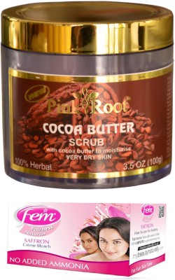 

Pink Root Cocoa Butter Scrub 100gm and FEM Saffron Crème Bleach 30g(Set of 2)