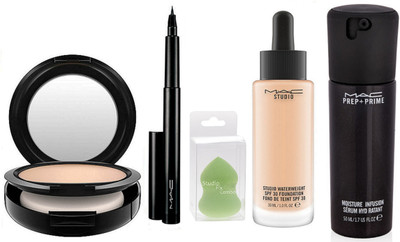 

Studio Fix Combo Sponse puff & Mac studio fix compact & studio waterweight SPF 30 foundation & prep+prime serum &pen Eyeliner(Set of 5)