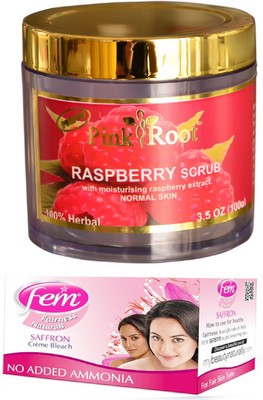 

Pink Root Raspberry Scrub 100gm and FEM Saffron Crème Bleach 30g(Set of 2)
