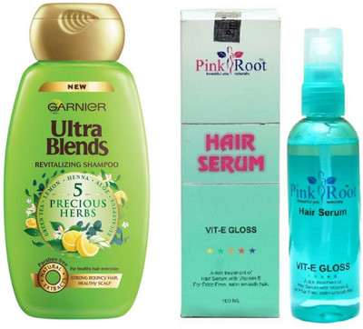 

Pink Root Hair Serum 100ml, Garnier New Ultra Blends 5 Precious Herbs, De-Tox Shampoo, 340ml(Set of 2)