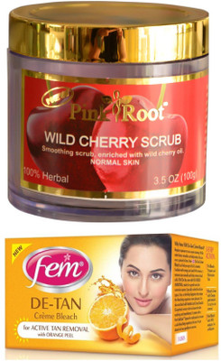 

Pink Root Wild Cherry Scrub 100gm and FEM De-Tan Crème Bleach 30g(Set of 2)