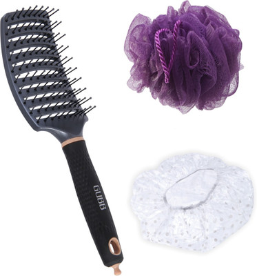 

GUBB HAIR BRUSH & BATH COMBO (Vent Hair Brush for blow dry, Shower Caps 4s & Lilac Loofah Sponge)(Set of 3)