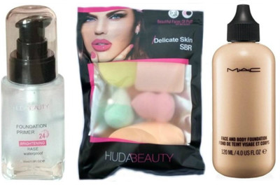 

Huda Beauty COMBO OF WATERPROOF SPRAY FOUNDATION PRIMER , 6 IN 1 MAKEUP PUFF SPONGE SET WITH MAC FACE & BODY FOUNDATION (FOR ALL SKIN TYPES)(Set of 3)