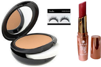 

studio fix combo Eyelashes, Comapct Of MAC & Lakme 9TO5 Lipstick(Set of 3)