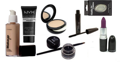 

Studio Fix Combo Silicon Puff,Mac Makeup pro longwear Liquid Foundation,Hautey & Naughty Lash Mascara,Gel Eyeliner,Rivertimg Rose Lipstick,Studio Fix Compact&NYX Primer(Set of 7)