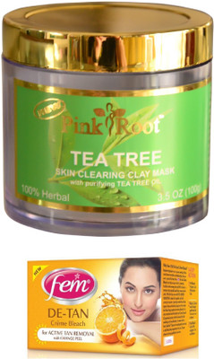 

Pink Root Tea Tree Skin Clearing Clay Mask 100gm and FEM De-Tan Crème Bleach 30g(Set of 2)