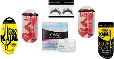 

Professional kit Eyelashes,Maybelline Colossal 24 H Black Kajal, Super Black Kajal, olay Nature White All in One Fairness Day Cream, Maybelline Baby Cherry Kiss Lipbalm ( Set of 2 )(Set of 6)