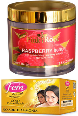 

Pink Root Raspberry Scrub 100gm and FEM Gold Crème Bleach 30g(Set of 2)
