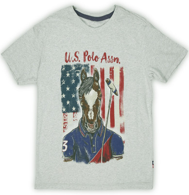 

US Polo Kids Boys Printed Cotton T Shirt(Grey, Pack of 1, Grey melange