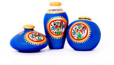 

NG Art Ventura Blue Terracotta Warli Hand painted Miniature Pots : Set Of 3 Decorative Showpiece - 10 cm(Terracotta, Blue)