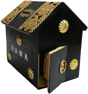 

limra handicrafts wooden black hut Coin Bank(Black)