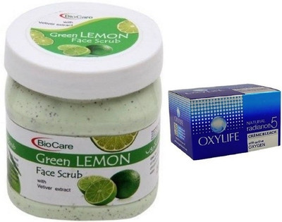 

Biocare Green Lemon Face Scrub 500ml and Oxylife Creme Bleach Natural radiance5 27G(Set of 2)