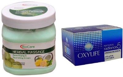 BIOCARE Herbal Massage Cream 500ml and Oxylife Creme Bleach Natural radiance5 27G(2 Items in the set)