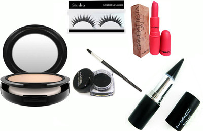 

studio 0f eyelashes, S. fix compact, black stick kajal, gel eyeliner & giambattista long lasting matte finish lipstick(Set of 5)